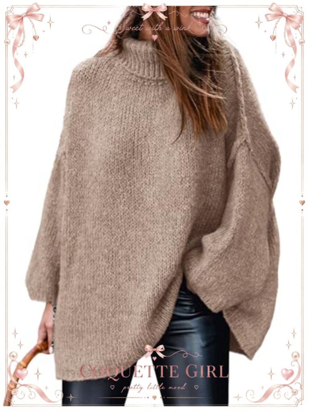 Womens Turtleneck Long Sleeve Chunky Knit Oversized Pullover Sweater